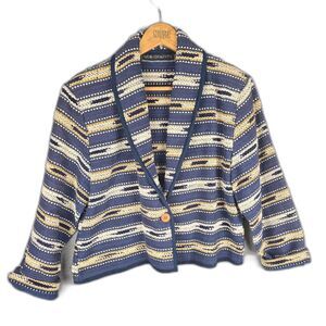 New Identity Woven Jacket Navy Cream Large Geometric Boho Cropped Cotton